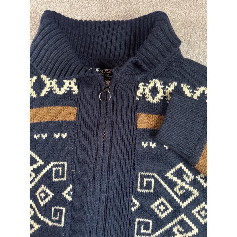 Paul Jones Mens Navy Blue Geometric Fair Isle Full Zip Cardigan Sweater Size M
